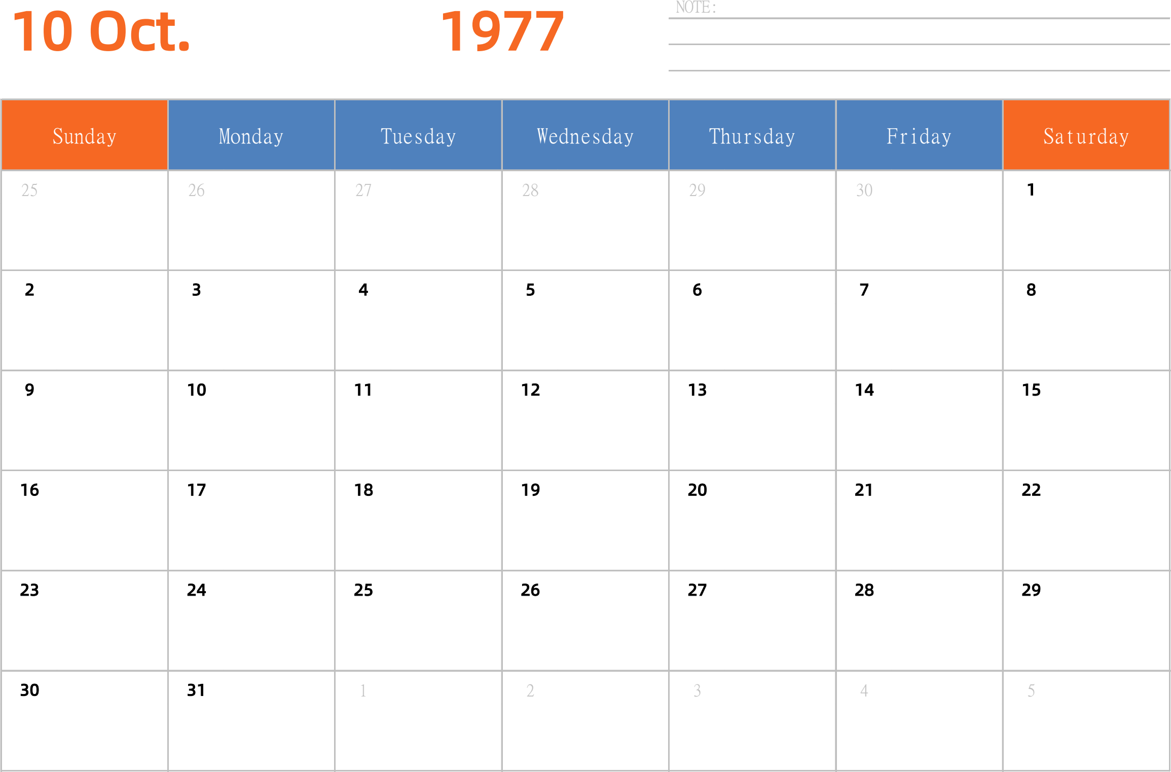 日历表1977年日历 英文版 横向排版 周日开始